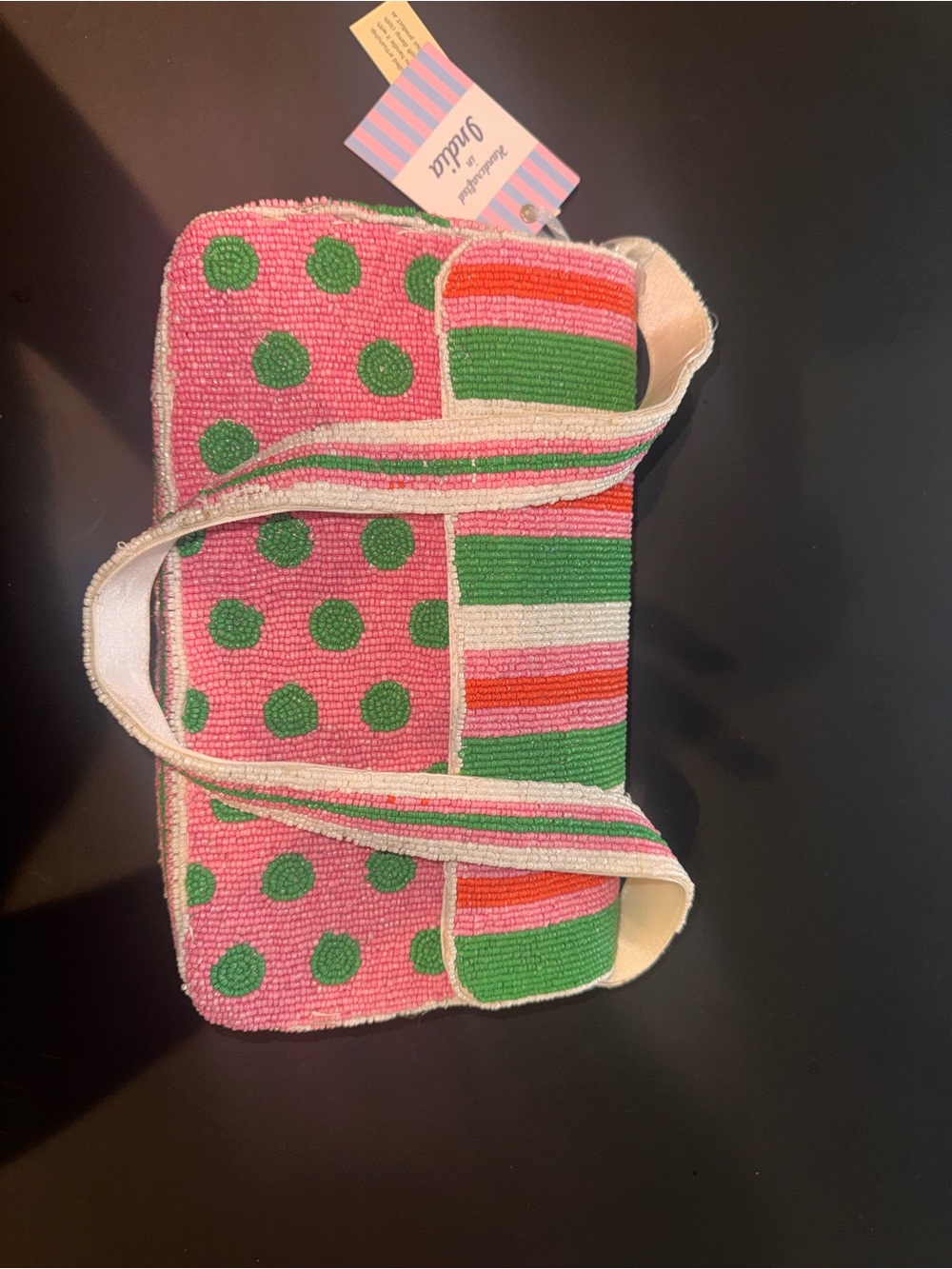 Hand-Beaded Pink & Green Polka Dot Shoulder Bag